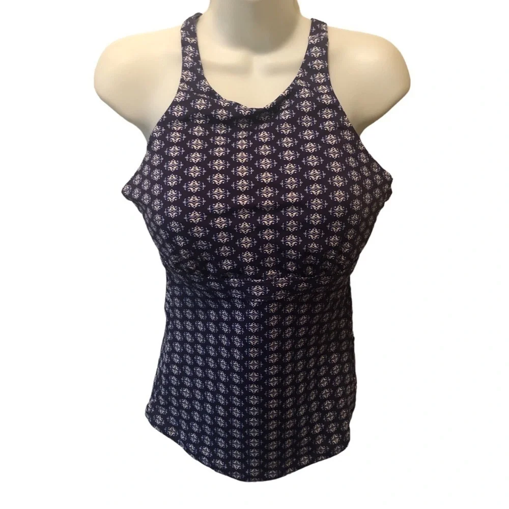 Athleta Tangier Tankini 36D/DD Blue Printed High Neck Swim Underwire Bra Cut Out